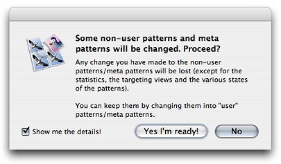 Confirmation dialog for installing factory version of patterns